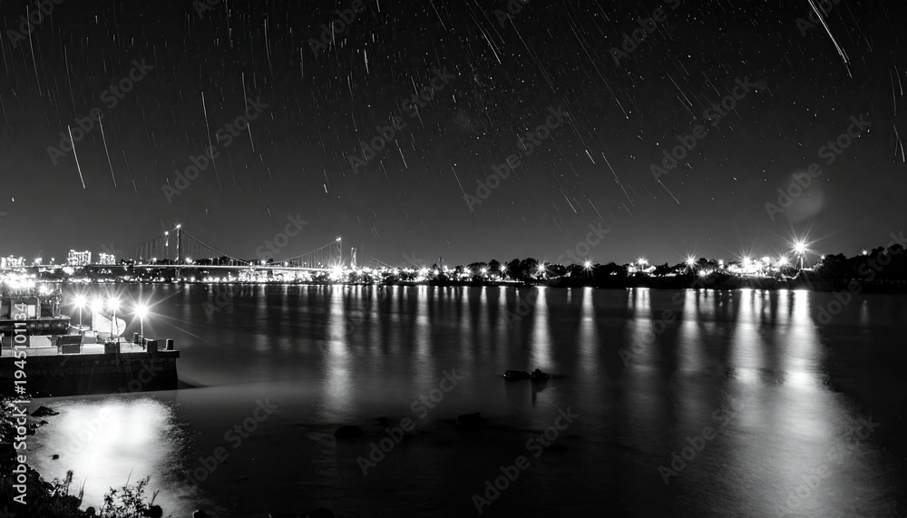 Fototapeta premium City lights shimmer over water with streaking stars above in black and white photo