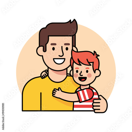 A cartoon man holding a little boy