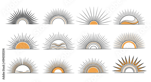 Collection of twelve minimalist sun and horizon line art symbols representing sunrise and sunset in various styles.