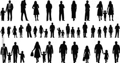 Diverse silhouettes of people in various family and professional groupings