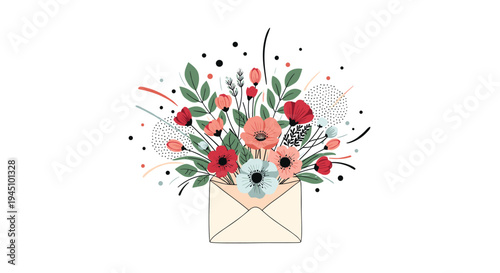 Artistic illustration of a variety of colorful flowers emerging from an open cream-colored envelope on white background.