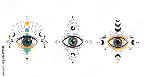 Trio of mystical and esoteric eye symbols featuring celestial elements like moons and stars in a sacred geometry style.