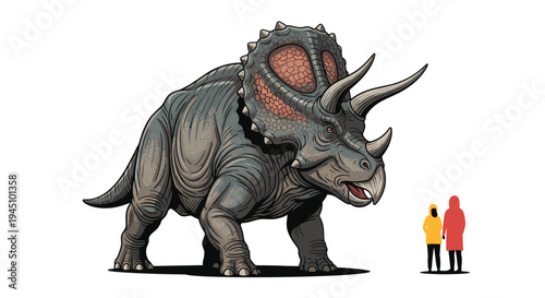 Large gray triceratops dinosaur standing next to two small human figures to illustrate its massive prehistoric size.