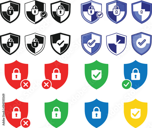 Collection of shield icons with security and protection themes