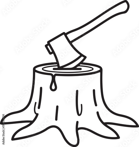 Axe stuck in tree stump line art illustration showing woodcutter equipment manual labor tool timber industry forestry icon design symbol