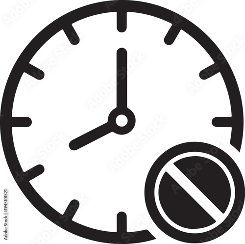 Black outline icon depicting clock with prohibition sign symbol for time management concept isolated on transparent background flat style