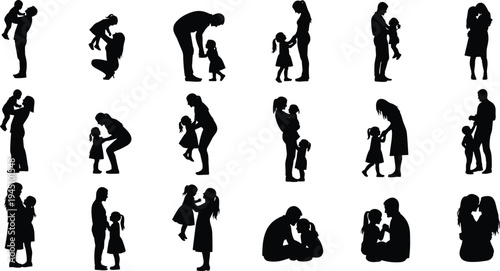 Silhouettes of diverse family and couple interactions in various poses