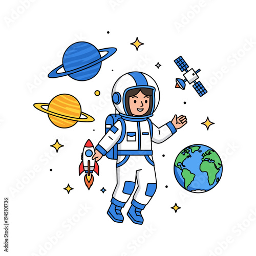 A cartoon astronaut in space with planets and a rocket