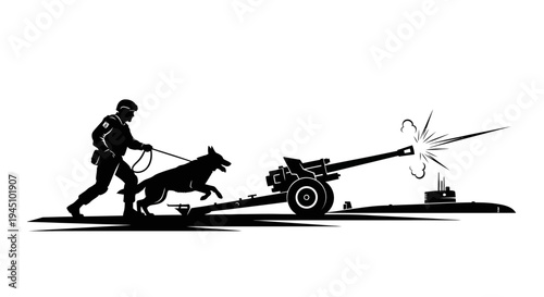 Soldier with Dog and Firing Cannon Silhouette