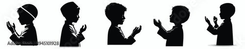 half body vector silhouette of a Muslim little boy a prayer gesture with raised hand side view