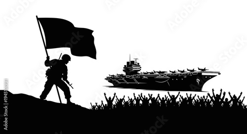Soldier with Flag on Hill, Aircraft Carrier, and Cheering Crowd - Victory Celebration