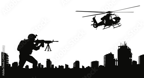 Soldier with Machine Gun and Helicopter Silhouette over City Skyline