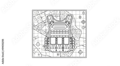 Tactical Vest with Map Blueprint, Military Gear, Combat Strategy, Top View