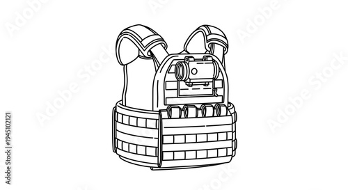 Tactical Vest with MOLLE System and Optics - Line Art Illustration