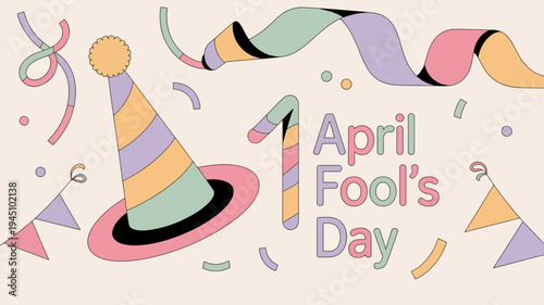 Colorful april fool's day celebration with party hat and confetti on beige background