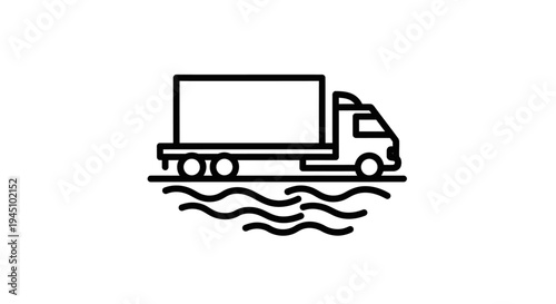 Truck driving over wavy water, logistics and shipping concept, simple line art icon