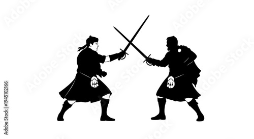 Two Scottish warriors in kilts dueling with swords, silhouette fighting illustration