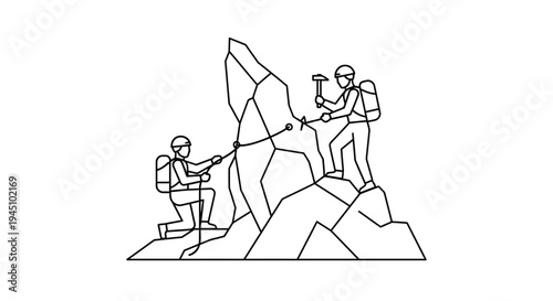 Two climbers ascend a steep rock face using ropes and climbing gear, teamwork and adventure