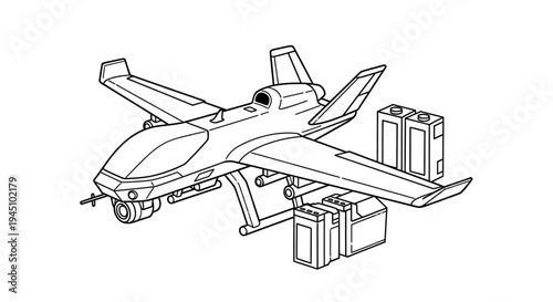 Unmanned Aerial Vehicle (UAV) or Drone with Cargo Pods, Line Art Illustration