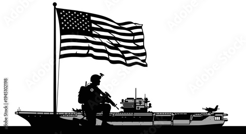 US Soldier Kneeling on Aircraft Carrier Under American Flag