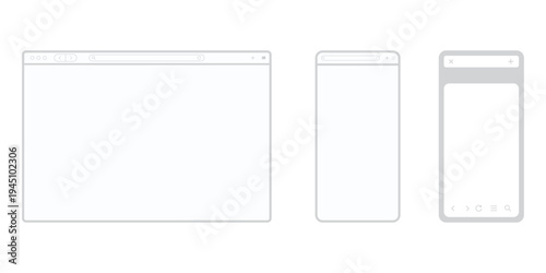 Minimalist vector outline of desktop browser and mobile device mockup interface on white digital screen frames representing web design layouts for computer and smartphone platforms with simple line.