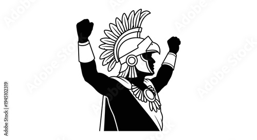Warrior Gladiator Helmet Feathers Raised Arms Victory Triumph Symbol Black White Illustration