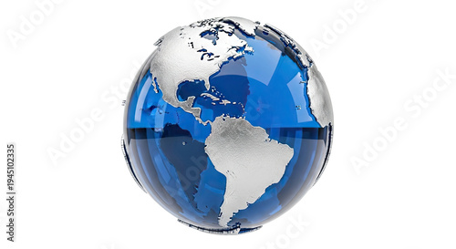 Glass Earth Globe with Silver Continents on White Background
