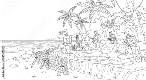 World War 2 Beach Landing Scene with Soldiers and Defenses