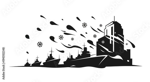 Winter Fleet Silhouette: Ships and Cityscape Under Snowfall