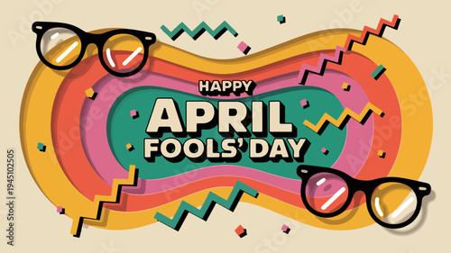 Happy april fools' day celebration with colorful glasses and confetti on a vibrant background