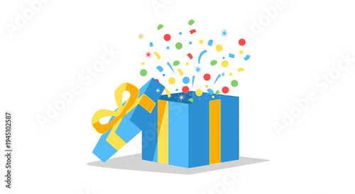 Vector illustration of a blue gift box with yellow ribbon and colorful confetti