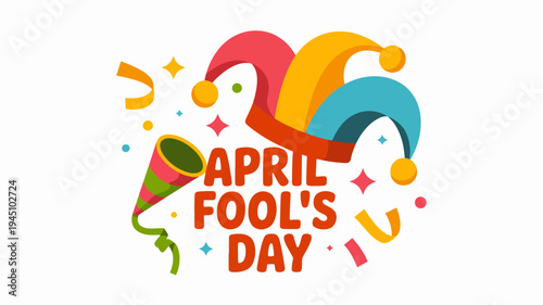 Colorful april fool's day celebration with jester hats and party horn on white background