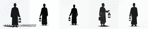 Vector silhouette of a Muslim man standing holding a Ramadan lantern