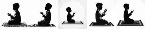 vector silhouette of a Muslim little boy sitting on a prayer mat, praying gesture, hands raised side view