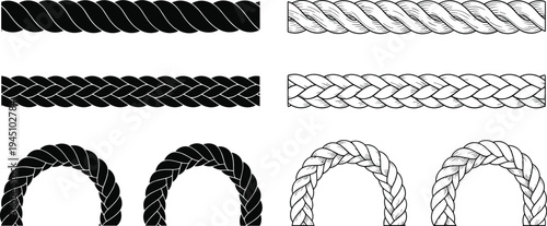 Braided rope set with twisted cord elements and curved rope shapes isolated on light background, nautical rope illustration collection for marine, sailing, and design use