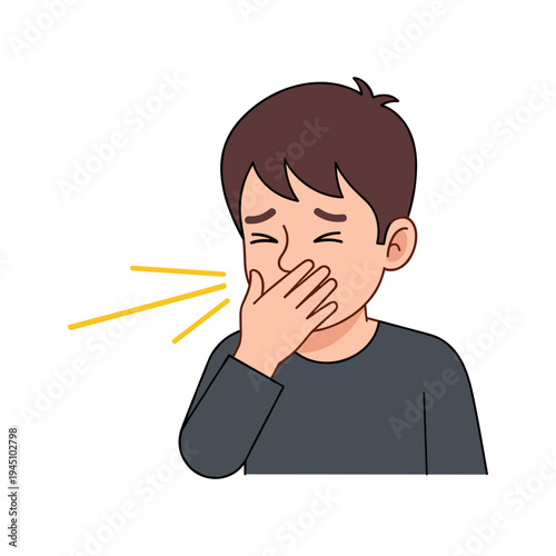 A cartoon boy covering his mouth while sneezing