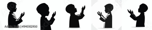 half body vector silhouette of a Muslim little boy a prayer gesture with raised hand side view