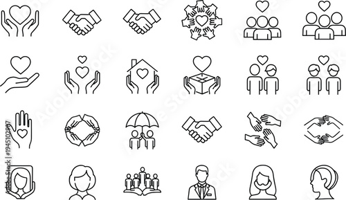 Community Support and Charity Line Icons Set with Helping Hands, Partnership, Love, Volunteer and Social Care Symbols
