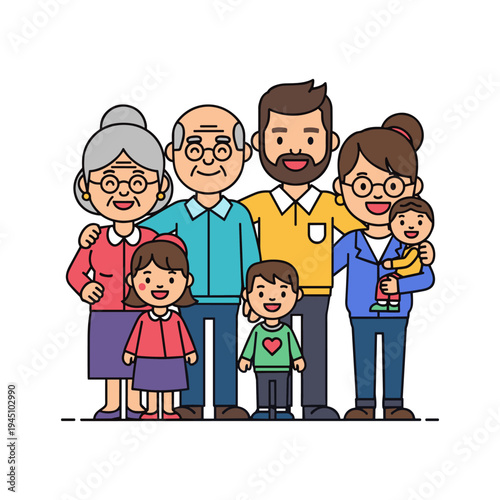 A cartoon image of a multi-generational family standing together