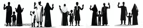 vector silhouette of a Muslim family standing happily waving their hands