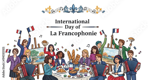 Illustration of diverse people celebrating International Day of La Francophonie with French flags and food on a table in a vibrant, cultural scene.