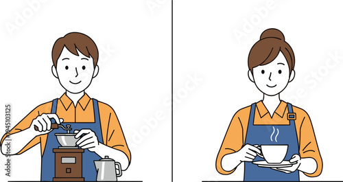 Barista grinding coffee beans and serving hot coffee cup cafe worker preparing fresh drink coffee making process flat vector illustration for cafe lifestyle