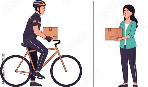 Courier delivering package by bicycle and customer receiving parcel delivery service concept eco friendly shipping flat vector illustration for logistics and courier business