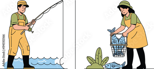 Fisherman catching fish with fishing rod and worker collecting fresh fish in basket seafood fishing activity flat vector illustration for fishing industry