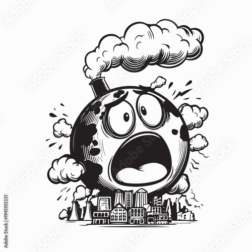 Cartoon Earth Planet Coughing from Factory Smoke Pollution Image Vector