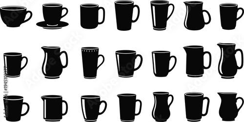 Coffee cup and mug silhouette collection with various ceramic drinkware shapes isolated on light background, hot beverage cup icons set for cafe and kitchen design
