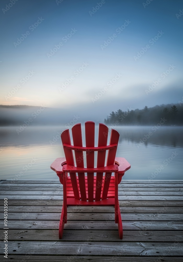 Fototapeta premium Red chair on wooden dock overlooking calm lake during sunrise. Serene morning landscape with mist over water. Concept of relaxation, solitude, travel and peaceful wilderness vacation.