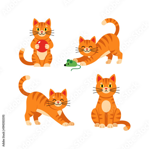 A group of orange cats playing with toys