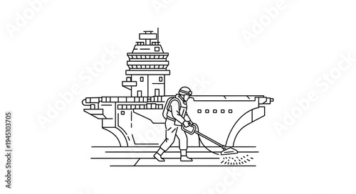 Aircraft Carrier Deck Cleaning: Worker with Pressure Washer and Ship Background