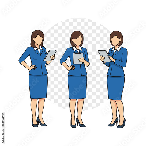 Three businesswomen in blue outfits holding tablets